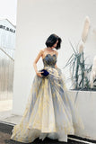 Stylish Strapless Long Tulle Sequins Prom Dresses, A-Line Evening Dresses HZ0429