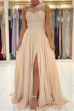 Champagne Chiffon Long Prom Dresses, One Shoulder Evening Dresses HZ0429