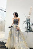 Stylish Strapless Long Tulle Sequins Prom Dresses, A-Line Evening Dresses HZ0429