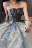 Stylish Strapless Long Tulle Sequins Prom Dresses, A-Line Evening Dresses HZ0429