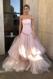 Pink Tulle Long Prom Dress, Pink Strapless Tulle Evening Dress HZ0429