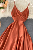 Simple V-Neck Satin Dresses, A-Line Fashion Dresses HZ0429