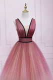 Cute Ombre Tulle V-Neck Long Party Dress, A-line Prom Dress HZ0429