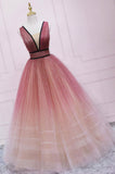 Cute Ombre Tulle V-Neck Long Party Dress, A-line Prom Dress HZ0429