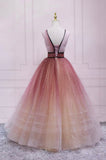 Cute Ombre Tulle V-Neck Long Party Dress, A-line Prom Dress HZ0429