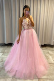 Pink V-Neck Lace Long Prom Dresses, A-Line Evening Dresses HZ0429