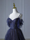 Blue Gradient Tulle Long Prom Dress, Beautiful Spaghetti Strap Evening Party Dress HZ0429