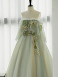 Green Tulle Lace Long Prom Dress, Green Off Shoulder Evening Party Dress HZ0429