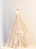 Champagne Velvet and Tulle Long Prom Dress, V-Neck Spaghetti Strap Evening Dress HZ0429