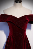 Burgundy Velvet Long Prom Dresses, Off the Shoulder Evening Dresses HZ0429