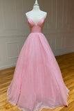 Pink V-Neck Tulle Long Prom Dresses, A-Line Backless Evening Dresses HZ0429