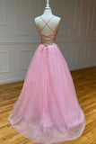 Pink V-Neck Tulle Long Prom Dresses, A-Line Backless Evening Dresses HZ0429