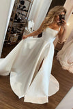 White Satin Long Prom Dresses, A-Line Evening Dresses with Slit HZ0429