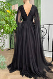 Black V-Neck Chiffon Long Prom Dress, A-Line Evening Dress with Slit HZ0429