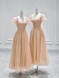 Cute Tulle Tea Length Prom Dress, A-Line Short Sleeve Evening Dress HZ0429