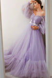 Purple Tulle Lace Long Prom Dresses, A-Line Evening Dresses HZ0429