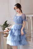 Blue Tulle Short A-Line Prom Dresses, Blue Mini Party Dresses HZ0429