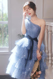 Blue Tulle Short Prom Dresses, One Shoulder Evening Dresses HZ0429