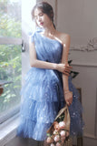 Blue Tulle Short Prom Dresses, One Shoulder Evening Dresses HZ0429