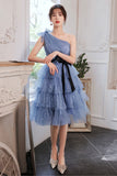 Blue Tulle Short Prom Dresses, One Shoulder Evening Dresses HZ0429