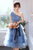 Blue Tulle Short Prom Dresses, One Shoulder Evening Dresses HZ0429