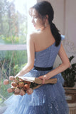 Blue Tulle Short Prom Dresses, One Shoulder Evening Dresses HZ0429