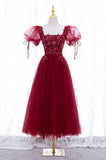 Burgundy Short Sleeve Tulle Tea Length Prom Dress, A-Line Party Dress HZ0429