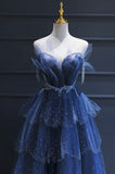 Blue Tulle Beaded Long Senior Prom Dress, A-Line Blue Formal Dress HZ0429