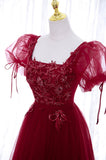 Burgundy Short Sleeve Tulle Tea Length Prom Dress, A-Line Party Dress HZ0429