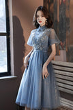 Blue Tulle Lace Short Prom Dresses, A-Line Homecoming Dresses HZ0429