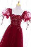 Burgundy Short Sleeve Tulle Tea Length Prom Dress, A-Line Party Dress HZ0429