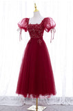 Burgundy Short Sleeve Tulle Tea Length Prom Dress, A-Line Party Dress HZ0429