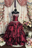 Burgundy Taffeta Ball Gown for Women Strapless Crystal Beading Tiered Ruffle Prom Formal Dress HZ0429