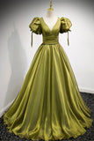 Green V-Neck Long Prom Dresses, A-Line Evening Dresses HZ0429