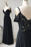 Black Chiffon Lace Long Prom Dresses, A-Line Evening Dresses HZ0429