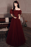 Burgundy Tulle Long Prom Dresses, A-Line Evening Dresses HZ0429