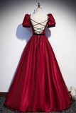 Burgundy Tulle Long Prom Dresses, A-Line Backless Evening Dresses HZ0429