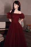 Burgundy Tulle Long Prom Dresses, A-Line Evening Dresses HZ0429