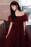 Burgundy Tulle Long Prom Dresses, A-Line Evening Dresses HZ0429