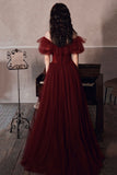 Burgundy Tulle Long Prom Dresses, A-Line Evening Dresses HZ0429