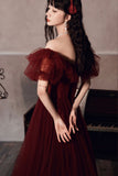 Burgundy Tulle Long Prom Dresses, A-Line Evening Dresses HZ0429