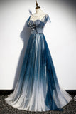 Blue Tulle Long Prom Dresses, A-Line Formal Evening Dresses HZ0429