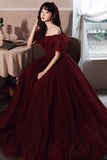 Burgundy Tulle Long Prom Dresses, A-Line Evening Dresses HZ0429