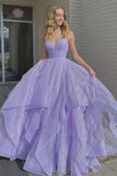 Purple Spaghetti Strap Tulle Long Prom Dresses, A-Line Lace-Up Evening Dresses HZ0429