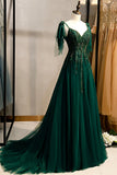 Green V-Neck Lace Long Prom Dresses, A-Line Evening Dresses HZ0429