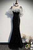 Black Velvet Long Prom Dresses, Mermaid Evening Dresses HZ0429