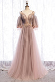 A-Line Tulle Long Prom Dresses, Lace Evening Dresses HZ0429