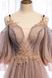 A-Line Tulle Long Prom Dresses, Lace Evening Dresses HZ0429
