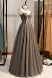 Gray Tulle Spaghetti Strap Long Prom Dresses, A-Line Evening Dresses HZ0429