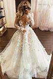 White Lace V-Neck Long Prom Dresses, Long Sleeve Evening Dresses HZ0429